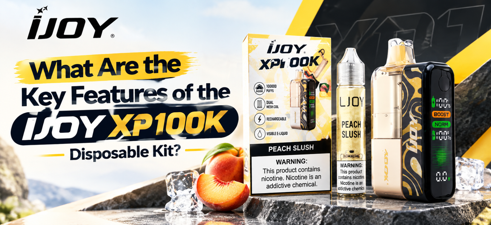 IJOY XP100K Disposable Kit featuring Peach Slush flavor and 100,000 puffs