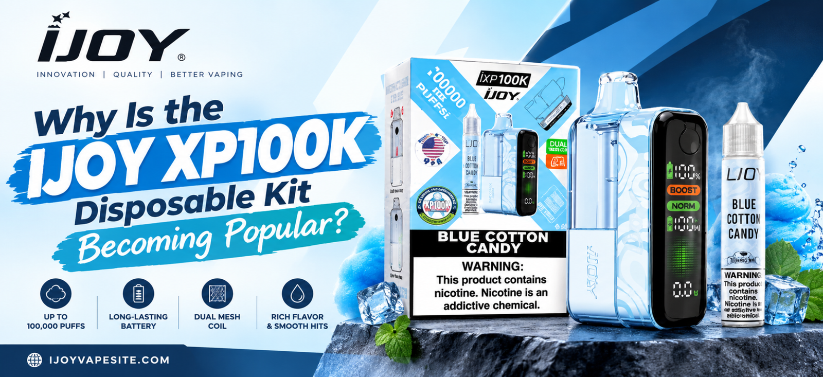 IJOY XP100K Disposable Kit featuring Blue Cotton Candy flavor and long-lasting vaping design