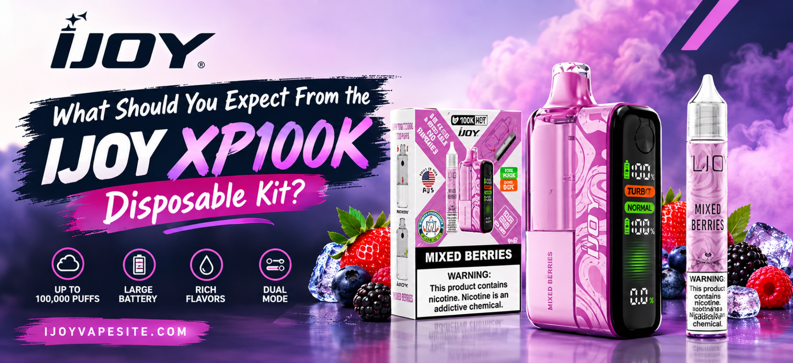 IJOY XP100K Disposable Kit in a purple and pink design with Mixed Berries flavor packaging