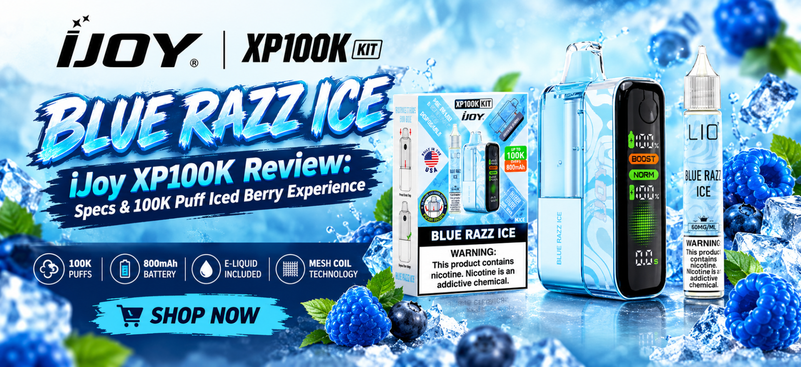 Blue Razz Ice iJoy XP100K Kit featuring 100K puff capacity and iced berry flavor