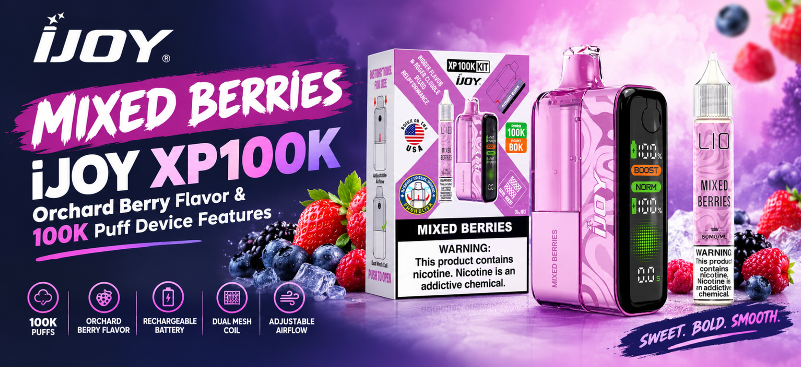 Mixed Berries iJoy XP100K device, packaging, and e-liquid featuring orchard berry flavor.