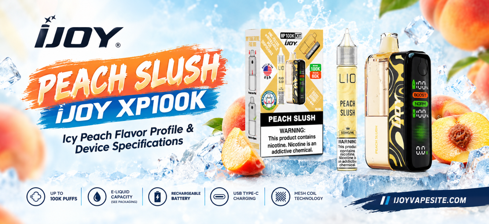 Peach Slush iJoy XP100K vape device with peach-flavored e-liquid kit featuring an icy peach theme.
